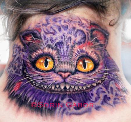Tattoos - realistic color cheshire cat tattoo on neck - 98475